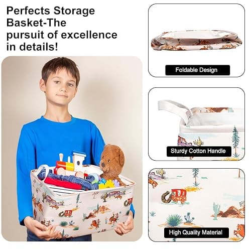 Western Rectangular Storage Basket, Highland Cow Cute Storage Bins Box with Handles, Cowskin Printed Shelf Basket Ideal for Kids Room Decor, Books, Organizing Clothes, Toys (Cute cow) thumbnail 5