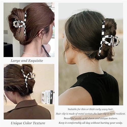 Big Butterfly Metal Hair Claw Clips for Women - Checkerboard Clamps with Strong Hold, 4.7" Large Hair Accessories for Long Thick Hair (Black&White) thumbnail 8