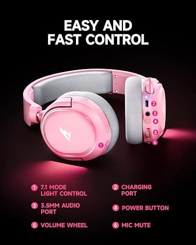 Wireless Gaming Headset, 7.1 Surround Sound, 2.4GHz USB Gaming Headphones with Bluetooth 5.4, 100H Battery, ENC Noise Canceling Mic, RGB Light, Wireless Headset for PC PS5 PS4 Mac Switch (Gray-Pink) thumbnail 8