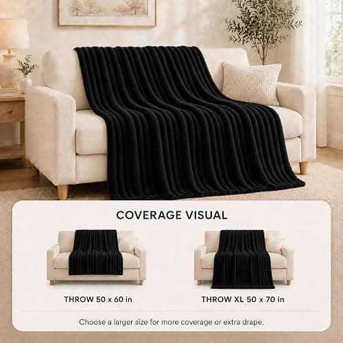 HIMEET Black Throw Blanket for Couch, 300GSM Ribbed Fleece, 50 x 60 Inches | Ultra Soft Flannel, All-Season Lightweight Warmth, Home Room Decor & Dorm Essential, Gift for Men & Women, Machine Washable thumbnail 4