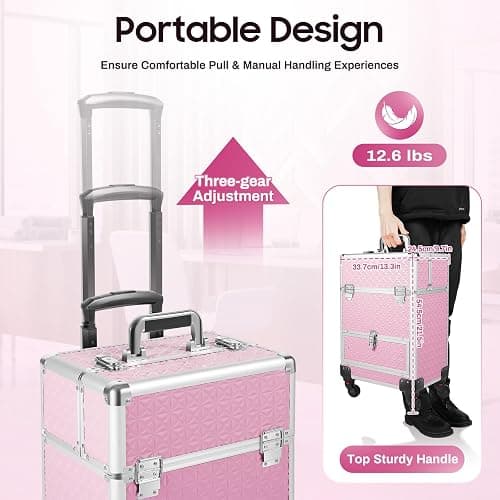 KHROOLT Rolling Makeup Case, Aluminum Cosmetic Train Cases with Drawer Rolling Makeup Cart Cosmetic Organizer 3 Tier Travel Case Salon Barber Case for Makeup Tattooist Nail Tech Hairstylists thumbnail 3