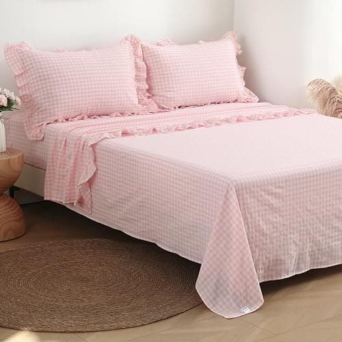 K MASANIJI Peach Blush White Plaid Ruffle Gingham Sheets Twin XL Size 4-Piece Set, 300TC 100% Yarn Dyed Linen Feel Cotton Sheets 18 in Deep Pocket Kids Preppy Bedding (Blush/White Plaid, Twin XL) - Image 1
