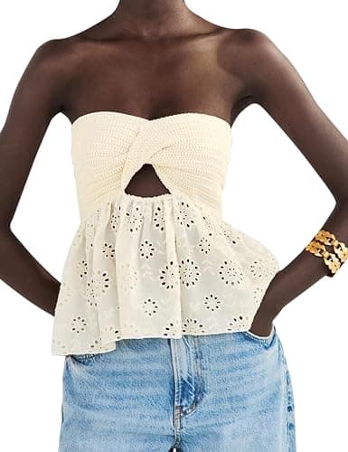 MISSACTIVER Women Twist Knot Knit Bandeau Tube Top Embroidery Strapless Off Shoulder Backless Hollow Crop Tank Corset Top - Image 1