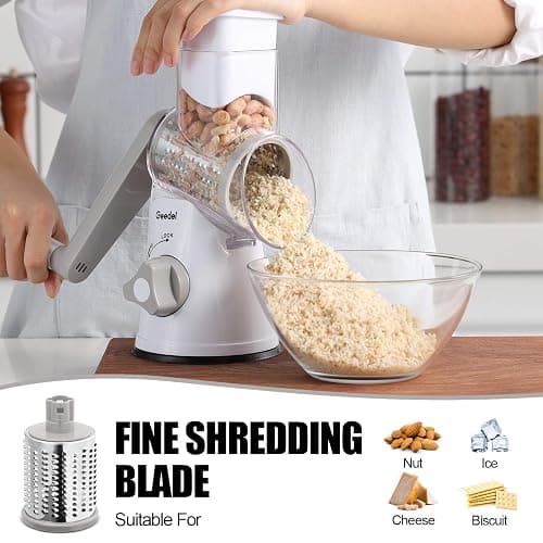 Geedel Rotary Cheese Grater, Kitchen Mandoline Vegetable Slicer with 3 Interchangeable Blades, Easy to Clean Rotary Grater Slicer for Fruit, Vegetables, Nuts thumbnail 6