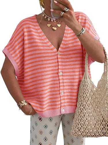 Saodimallsu Womens Summer Oversized Cardigans Batwing Short Sleeve Lightweight Button V Neck Casual Knit Sweater Tops - Image 1
