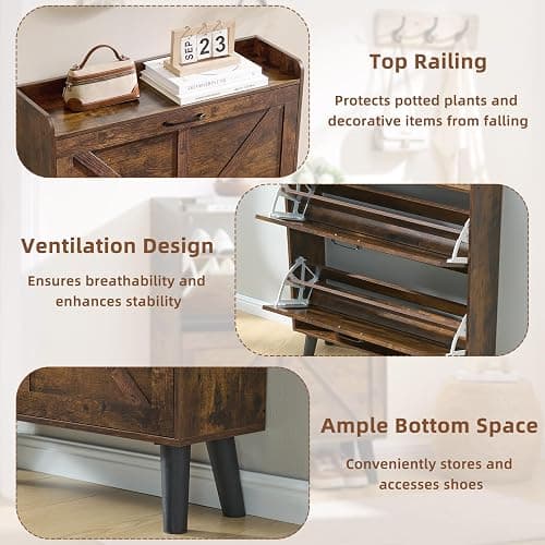 LEYAOYAO Shoe Storage Cabinet with 2 Flip Drawers，Narrow Shoe Storage Cabinet Organizer with Legs for Entryway Hallway, Living Room, Bedroom，Hidden Slim Storage Narrow Shoe Rack Cabinet,Brown thumbnail 4