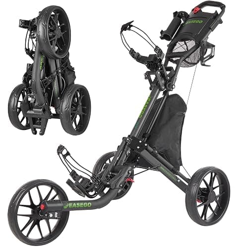 EASEGO Golf Push Cart 3 Wheel : Golf Caddy Pull Cart, One Click Folding Golf Bag Cart Lightweight Compact Golf Trolley with Cooler Bag, Umbrella, Cup & Phone Holder for Different Terrain - Image 1