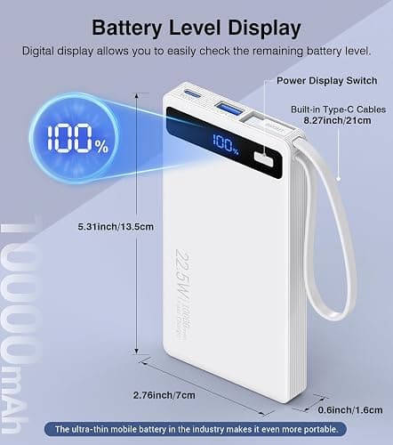Power Bank with 2 Built-in Cables 10000mAh, 22.5W PD Slim Portable Charger USB C Battery Pack, Travel Essentials Fast Charging Powerbank Compatible with iPhone 17 16 Plus Pro Galaxy iPad White(1 Pack) thumbnail 2