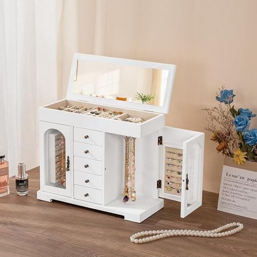 Miratino Jewelry Box for Women Girls, Wooden Jewelry Organizer Box with Mirror, 5 Layer Jewelry Storage Case Display for Necklaces Earrings Rings Bracelets Valentine's Day Gifts thumbnail 2