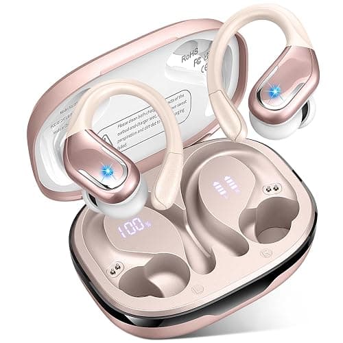 Wireless Earbud, 75H Bluetooth 5.4 Headphones Sport IP7 Waterproof, Running Wireless Earphones with ENC Noise Canceling Mic, 3D Bass Over Ear bud with Earhooks for Android, iOS, Workout, Gym, Rosegold - Image 1
