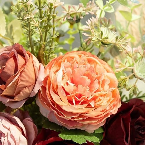LESING Fake Artificial Flowers with Vase Faux Silk Flower Bouquet in Glass Vase Rose Floral Arrangements Flower for Home Office Decoration, Dining Table Centerpiece (Red) thumbnail 3