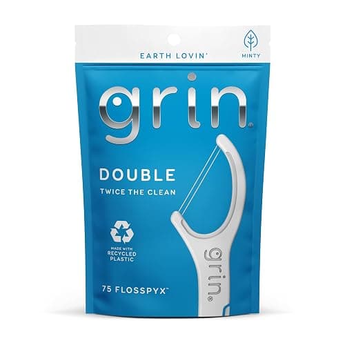 GRIN Double Flosspyx, Floss Picks, 75 Count, Dental Flossers, Minty Flavor, Recycled Plastic, 2 Lines of Strong Floss, Longer Floss Head, Traps Food and Plaque, Includes Safe Soft Fold-Back Tooth Pick - Image 1