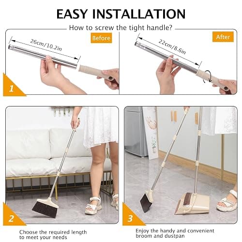 XXFLOWER Broom and Dustpan Set with Long Handle, Light Weight Stainless Steel Poles Stand Upright Dustpans with Broom Combo for Home Kitchen Office Pet Dog Hair, Brown & Beige Color, 1-Pack thumbnail 6