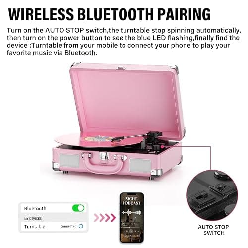 Vinyl Record Player 3-Speed Bluetooth Suitcase Portable Belt-Driven Record Player with Built-in Speakers RCA Line Out AUX in Headphone Jack Vintage Turntable,Pink thumbnail 3