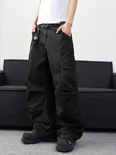 DFGIGT Mens Denim Baggy Pants with Cargo Pockets Mid Weight Casual Streetwear Wide Leg Jeans Hip Hop Skater Trousers thumbnail 3