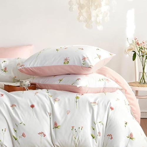 Wake In Cloud - Floral Comforter Set, Cottagecore Cute Aesthetic Watercolor Tiny Flowers and Leaves, Soft Lightweight Bedding for Women Teen Girls, 3 Pieces, Pink, Full Size thumbnail 8