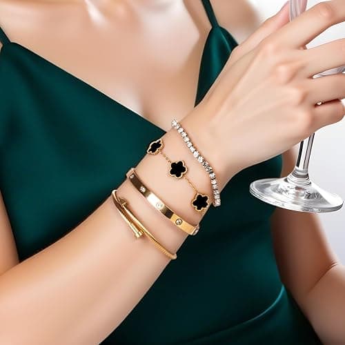 18K Gold Plated Womens Stackable Floral Gold Clover Bracelets Set Love Bangle Bracelets Non Tarnish, Nail Bracelet Set Trendy Jewelry,Gifts for Women's Day and Mother's Day thumbnail 3