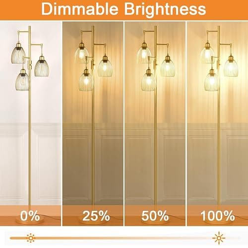 Dimmable Floor Lamp, Industrial Floor Lamps for Living Room, Gold Tree Lamp Standing Lamp Tall Lamps with 3 Elegant Teardrop Cage Head & 800 Lumens LED Bulbs for Living room Bedroom Office Dining Room thumbnail 3
