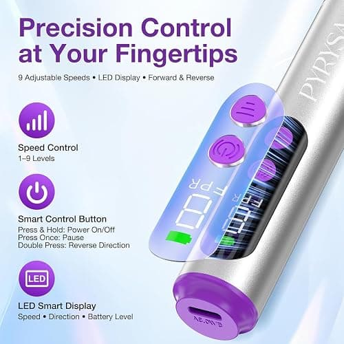 PYRYSA Cordless Electric Nail Drill, 9 Speed Professional E Filer for Nails | LED Display Nail Drill Machine for Acrylic & Gel, Rechargeable Portable Manicure Pedicure Kit for Beginner Home Salon, Silver thumbnail 3