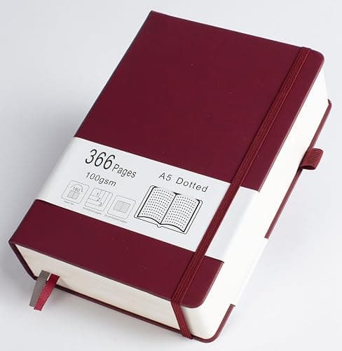 Thick Bullet Notebook with 366 Numbered Pages, A5 Dotted Journal for Writing with 100GSM Dot Grid Paper, Hardcover Leather Notebooks for Women Men School Note Taking Work Diary, 5.7"x8.3" Bungandy - Image 1