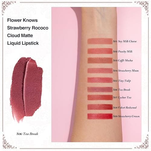 Flower Knows Strawberry Rococo Cloud Lip Cream,Long Lasting Mauve Pink Matte Lipstick,Hydrating Lip Stain,Transfer & Smudge Proof Velvet Liquid Lipstick for Girls&Women,0.12 Fl Oz(S06 Tea Break) thumbnail 3