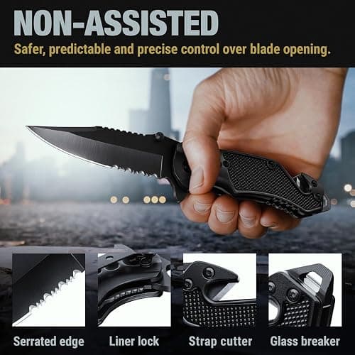 GOOD WORKER Legal Pocket Knife with 2.95” Serrated Blade, Glass Breaker, Seat Belt Cutter - EDC Sharp Folding Knives with Portable Clip - Small Tool for Tactical Camping Survival Hiking - Gifts for Men, Women thumbnail 4