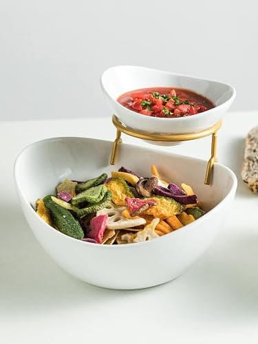 Miamolo Porcelain Serving Bowl Set for Appetizer Serving Dishes Set with 2 Compartment, Chip and Dip Taco Rack Display Salad Bar Serving Set, Gold Stand thumbnail 9