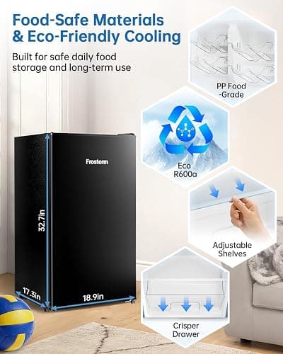 Frostorm 3.2 Cu Ft Mini Fridge with Freezer, Single Door Upright Freezer | Energy Efficient, Large Capacity, Reversible Door, ETL Certified, Small Refrigerator for Bedroom, Office & Dorm, Black thumbnail 7