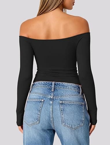 Matunana Womens Off The Shoulder Tops Going Out Long Sleeve Y2k Cute Shirts | Sexy, Boat Neck, Slim Fit, Date Night, Fall Clothes, Fashion, Trendy, Casual, Concert Outfits thumbnail 3