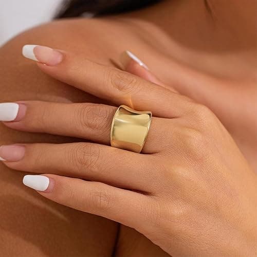 14K Gold Plated Chunky Statement Ring for Women | Stainless Steel Hypoallergenic Wide Stackable Rings thumbnail 3