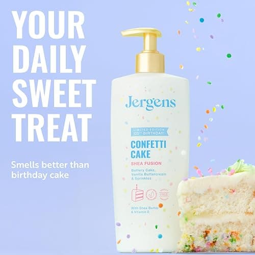 Jergens Shea Fusion Confetti Cake Body Lotion, Shea Butter, 14 fl oz | Moisturizer for Dry Skin, Scented Body Lotion, Vitamin E, Shea Butter Lotion, Daily Hydration thumbnail 4