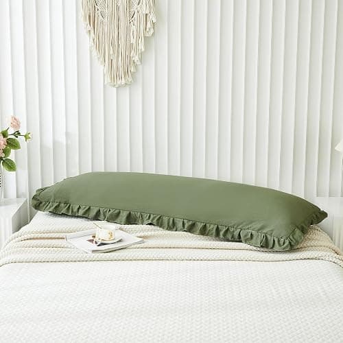Shabby Chic Olive Green Body Pillow Cover - 20x54in Long Pillowcase with Ruffled Fringe Decor thumbnail 9