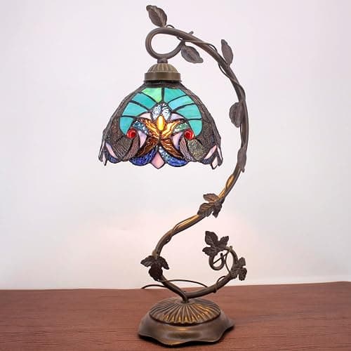 WERFACTORY Stained Glass Lamp Tiffany Style Bedside Table Lamp Reading Desk Light, Metal Leaf Base 8X10X21 Inches Decor Small Space Bedroom Home Office S160G Series thumbnail 4