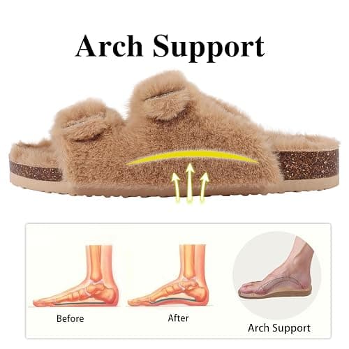 KIDMI Fuzzy Slippers Women with Cork Footbed Fluffy Slides Open Toe Indoor House Shoes | Arch Support | Adjustable Buckles thumbnail 3