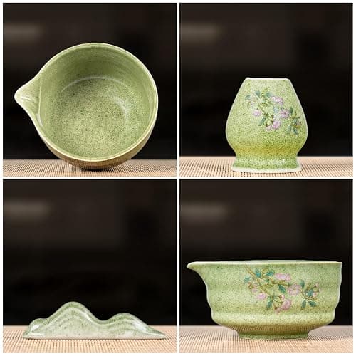 GleeNflux 7-Piece Matcha Set, Ceramic Matcha Bowl, Bamboo Whisk (Chasen), Whisk Holder, Sifter, Tea Scoop & Scoop Rest, Special Bamboo Tea Mat, Harmonious Color Matcha Making Kit, Green thumbnail 4