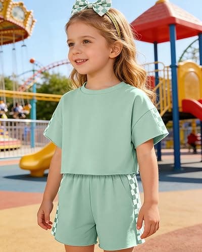 SANMIO Toddler Girl Clothes Summer 3 Piece Outfits Cute Short Sleeves Checkered Tops Shorts and Headband Girls Clothing Set thumbnail 2