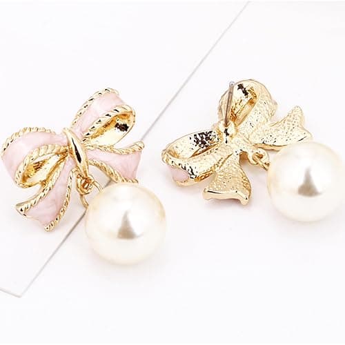 Bow Earrings for Women Trendy Stuff Cute Bow Pearl Drop Dangle Earrings Bowknot Stud Wedding Party Daily Jewelry Accessory Gifts - H: pearl bow earrings thumbnail 3