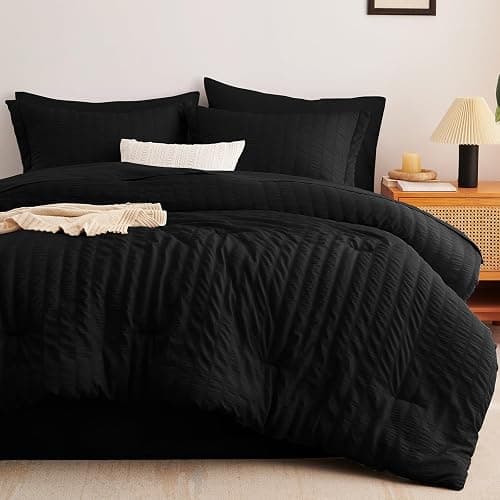 CozyLux Queen Comforter Set Black Seersucker 7 Pieces Bed in a Bag Queen Comforter Set with Sheets, Luxury Soft Bedding Set with Down Alternative Comforter, Sheets, Pillowcases & Shams for All Seasons thumbnail 3