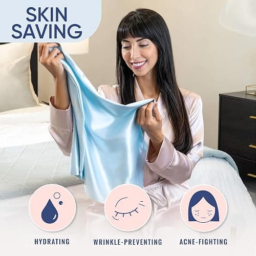 Blissy Silk Pillowcase - 100% Pure Mulberry Silk - 22 Momme 6A High-Grade Fibers - Silk Pillow Cover for Hair & Skin - Regular, Queen & King (Sky Blue, Standard) thumbnail 4