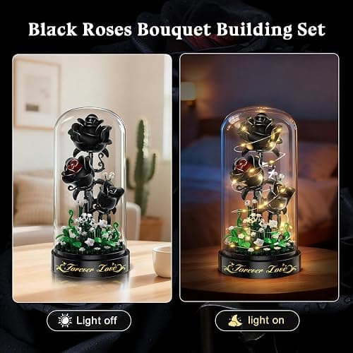 HiWEEGO Flower Building Set with LED Light - 232 PCS Black Rose Building Blocks Kit with Dust Cover, Gift for Mothers Day Wife 3.6MM Flower Botanical Collection Block Toy Home Decor thumbnail 6
