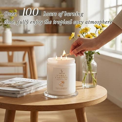 Vanilla Coconut Large Scented Candle, 3-Wick 22oz Long Lasting Scented Candle, Natural Soy Wax Aromatherapy Candle for Home, Candle Gifts for Women Men thumbnail 5