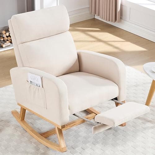 HCHAIRH Rocking Chair Nursery, Nursing Rocking Chairs with Foot Rest for Mom Nursery, Glider Rocker Chair with Footrest and High Backrest for Living Room, Bedroom, Beige - Image 1