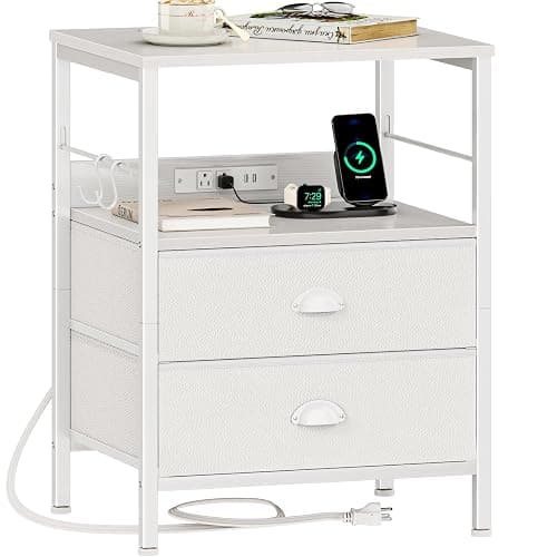 Furologee Night Stand with Charging Station, Bedside Table with Fabric Drawers, End Table with USB Ports & Outlets, White Nightstand with Storage Shelf & Hooks, for Living Room/Bedroom, White - Image 1
