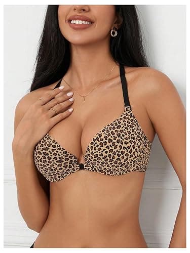 GORGLITTER Women's Leopard Print Front Fastening Bras Underwire Push Up Halter Neck Medium Support Sexy Bra thumbnail 3