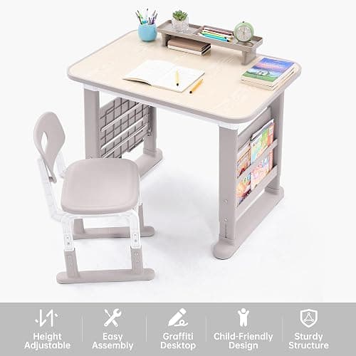 GITAWUSA Kids Desk and Chair Set, Height Adjustable Childrens Study Desk, Graffiti Table for 3-12 Years, Kids Art Table with Side Bookshelf and Storage, Multi-Functional for Bedroom & Study Room(Grey) thumbnail 7