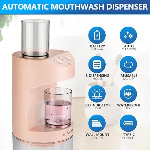 ZOFGENOW Automatic Mouthwash Dispenser for Bathroom,Bathroom Accessories 19.4 Fl Oz Dispensers with Magnetic Cups,Wall Mounted Dispenser,Suitable for All Age Groups,Pink thumbnail 4