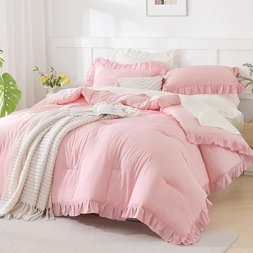 Andency Pink Comforter Set Queen Size, 3 Pieces Solid Pink Ruffle Shabby Chic Comforter Set for Queen Bed, All Season Vintage Rustic Soft Microfiber Bedding Set for Women Girls thumbnail 5