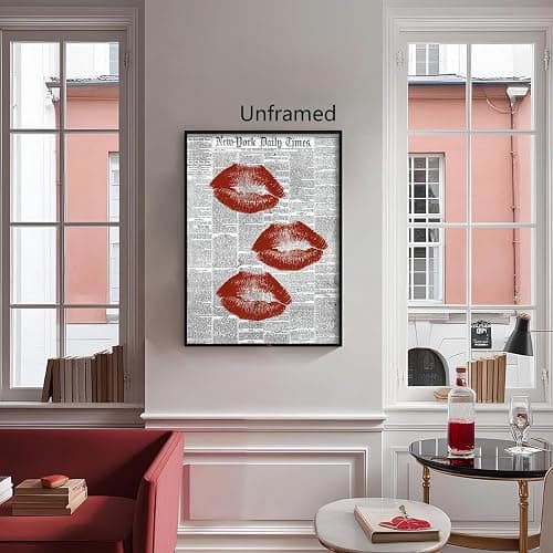 abrtolpffo Black White Newspaper Canvas Wall Art, Fashion Red Kiss Lips Aesthetic Poster, Trendy Girly Sexy Dorm Apartment Picture Painting, Funky Pub Bar Cart Wall Decor 8x12in Unframed thumbnail 5