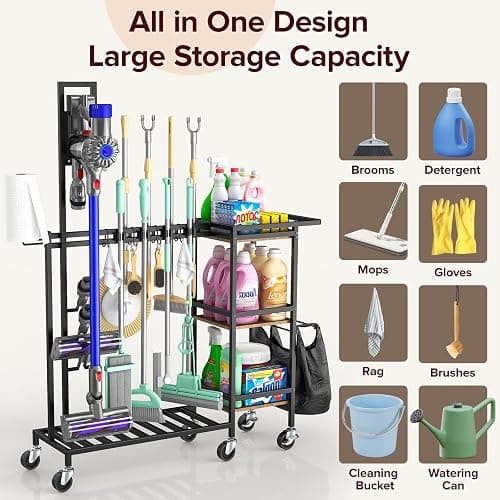 Housolution Cleaning Utility Cart on Wheels, Multifunctional Cleaning Tools Supplies Organizer with Broom and Mop Holder, Vacuum Stand Compatible with Dyson, Rolling Storage Cart for Home thumbnail 3