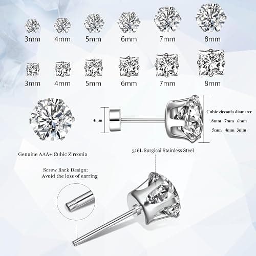 COZLANE Silver Flat Back Stud Earrings for Women Hypoallergenic Round Square Cubic Zirconia Surgical Stainless Steel Earrings Set for Multiple Piercing 12 Pairs thumbnail 6